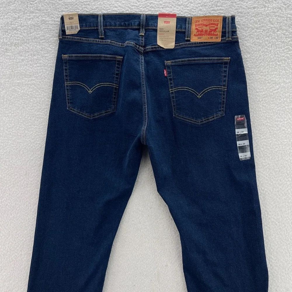 Levis Jeans Mens 38x32 Blue 505 Regular Straight Dark Wash Stretch Denim Cowboy